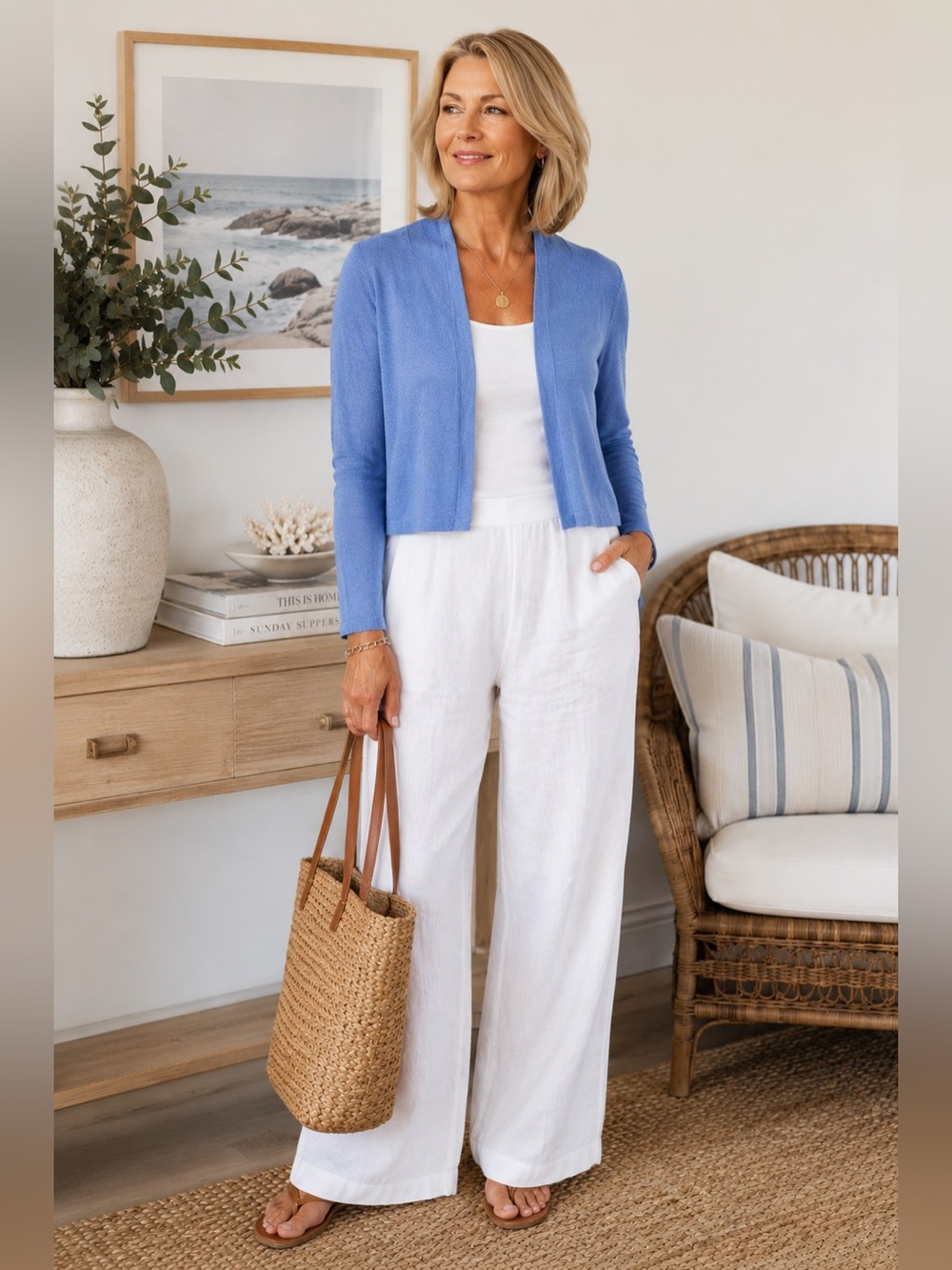 J. Jill Linen Blend Open Front Cardigan Sweater Blue Size Large